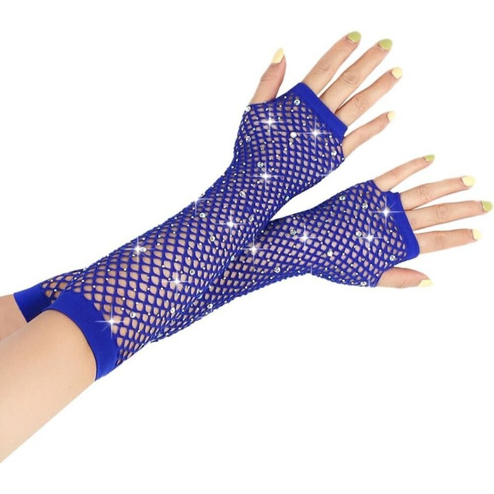 Women's Rhinestones Royal Blue Fingerless Fishnet Mesh Long Gloves Party Cosplay